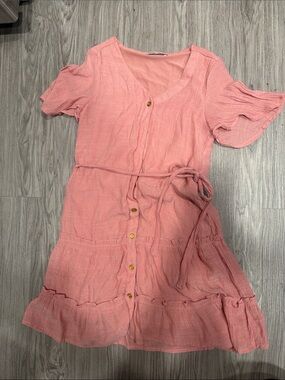 Girls' Pink Button-Front Ruffle Dress with Tie Waist